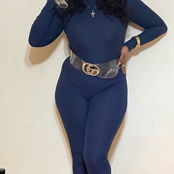 NEW FALL TRENDY NAVY BLUE LONG SLEEVE RIBBED MOCK NECK JUMPSUIT ROMPER - Picture 6 of 6